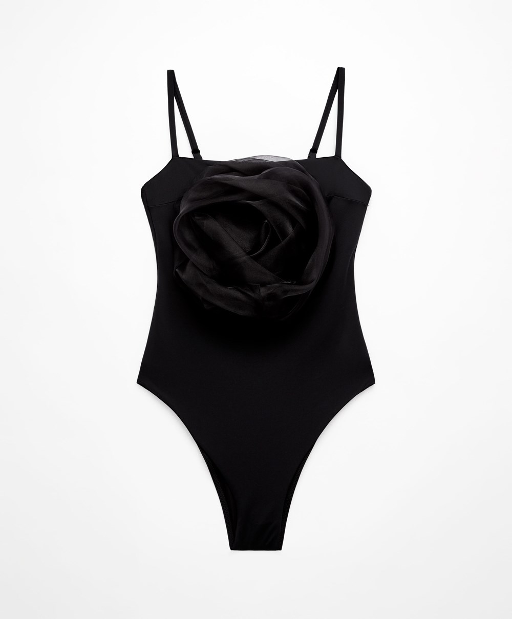 Oysho Floral Organza Swimsuit Fekete | BUNWGH-029