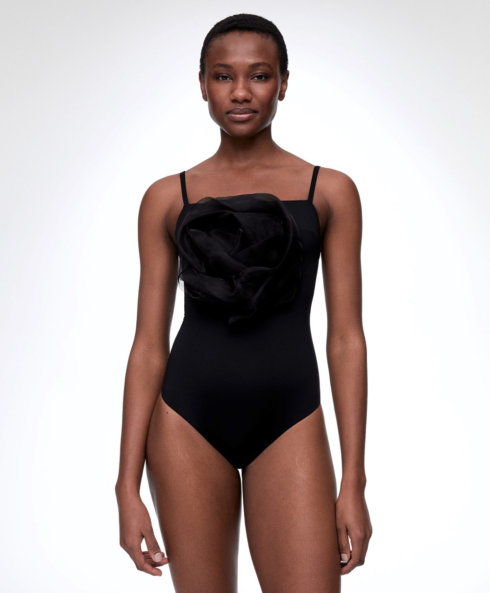 Oysho Floral Organza Swimsuit Fekete | BUNWGH-029