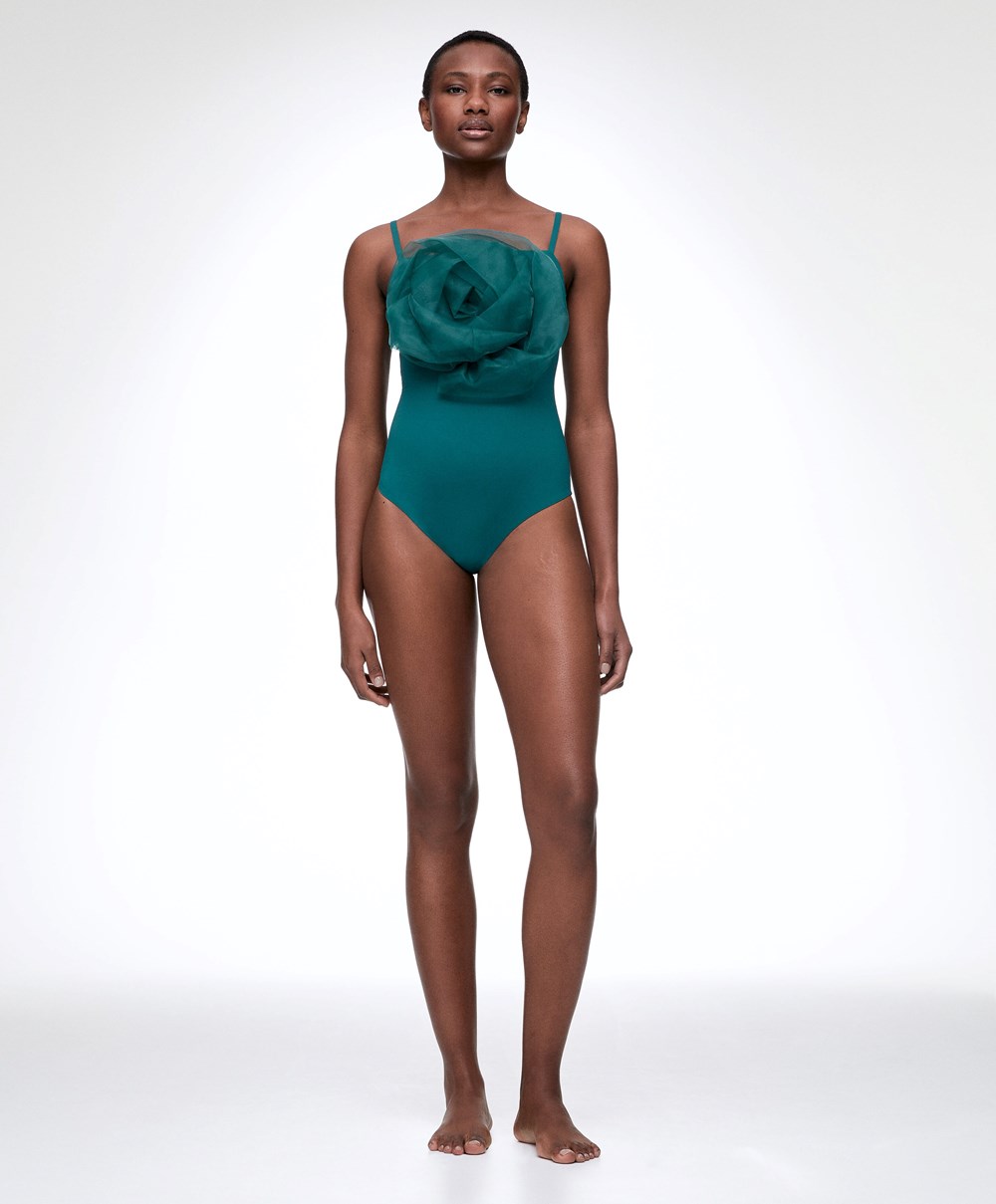 Oysho Floral Organza Swimsuit Zöld | VAKXWF-973