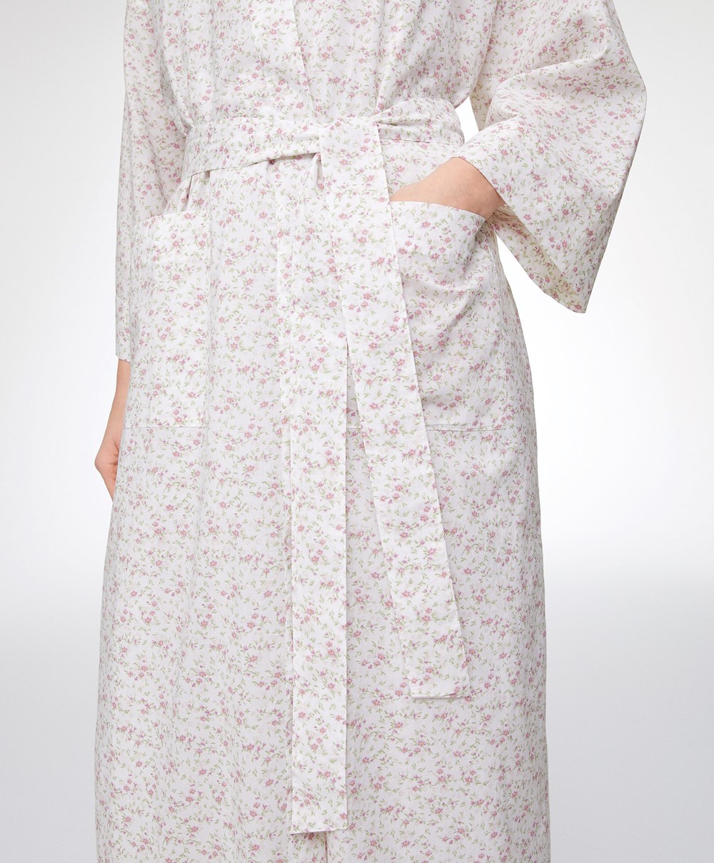 Oysho Floral Print 100% Pamut Dressing Gown Mid-rosette | STWUMO-108