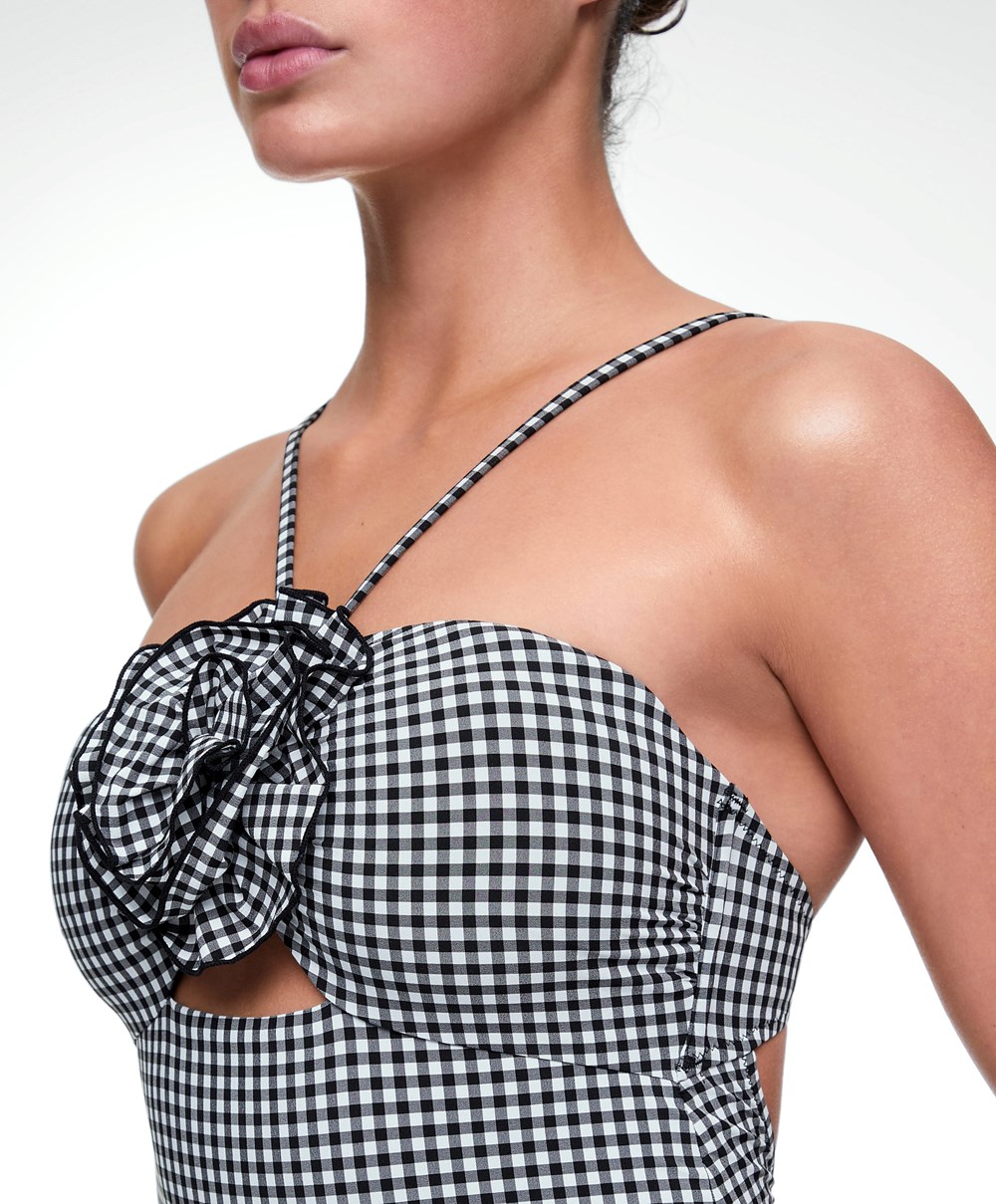 Oysho Gingham Cut-out Swimsuit Fekete | QKYMUT-046