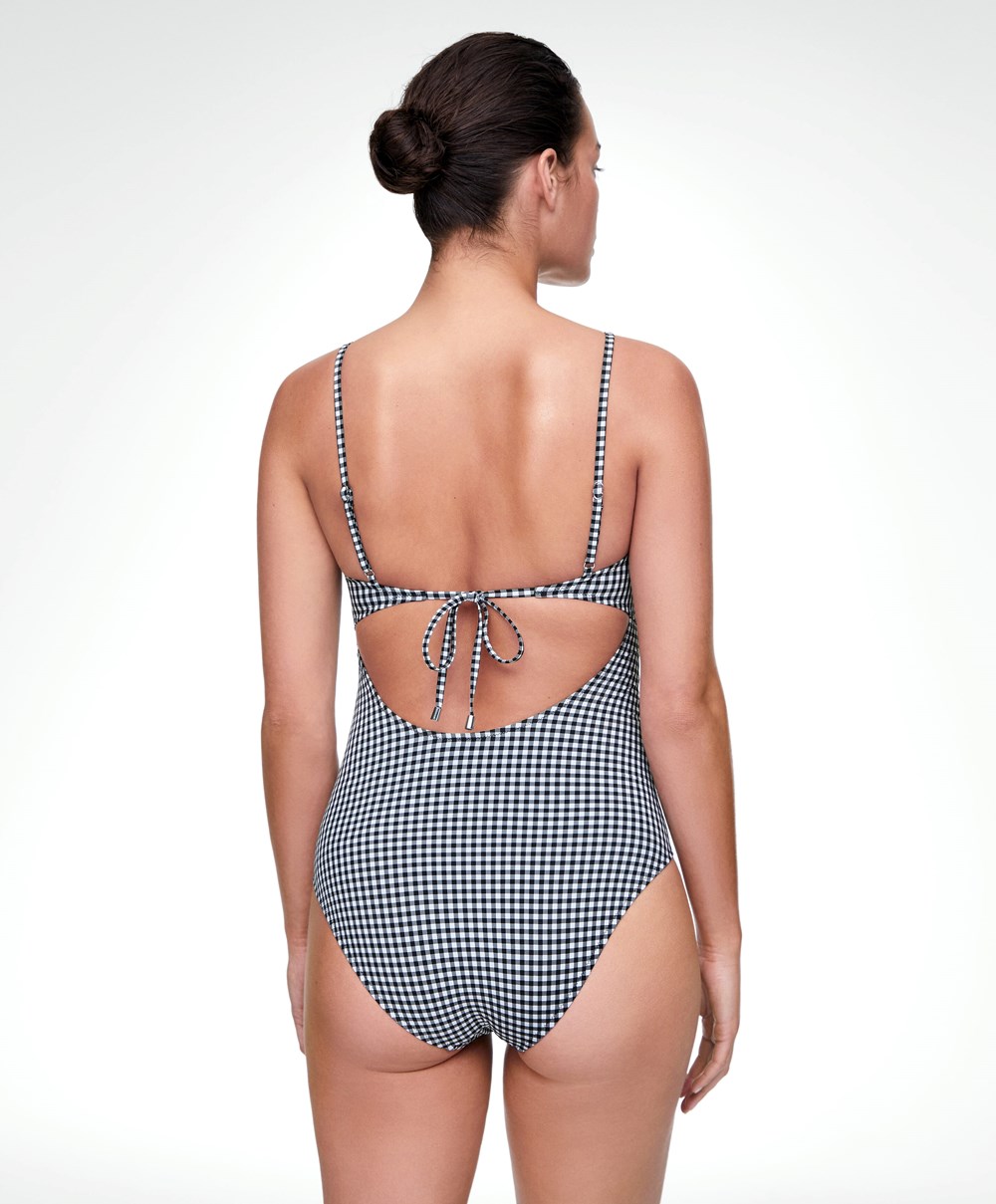 Oysho Gingham Cut-out Swimsuit Fekete | QKYMUT-046