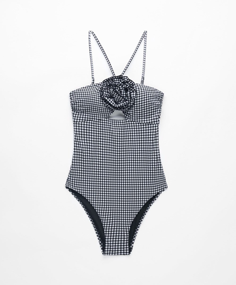 Oysho Gingham Cut-out Swimsuit Fekete | QKYMUT-046