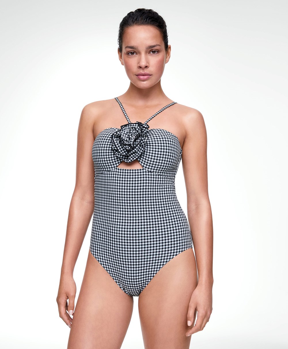 Oysho Gingham Cut-out Swimsuit Fekete | QKYMUT-046