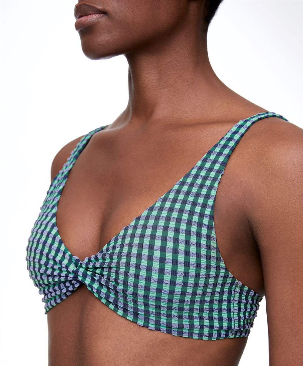 Oysho Gingham Halterneck Bikini Top Aquamarine | WUIDPF-950