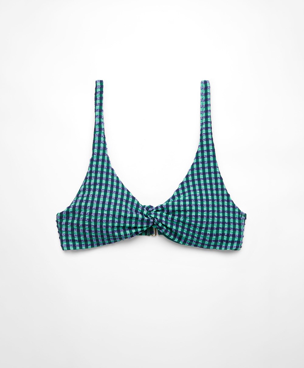 Oysho Gingham Halterneck Bikini Top Aquamarine | WUIDPF-950