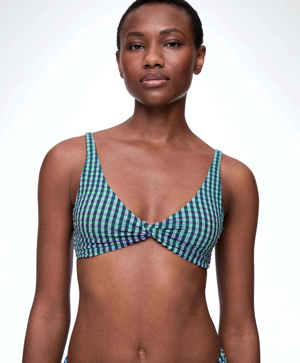 Oysho Gingham Halterneck Bikini Top Aquamarine | WUIDPF-950