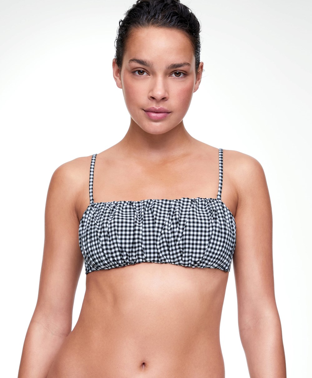 Oysho Gingham Ruched Bikini Top Fekete | XZRWTP-308