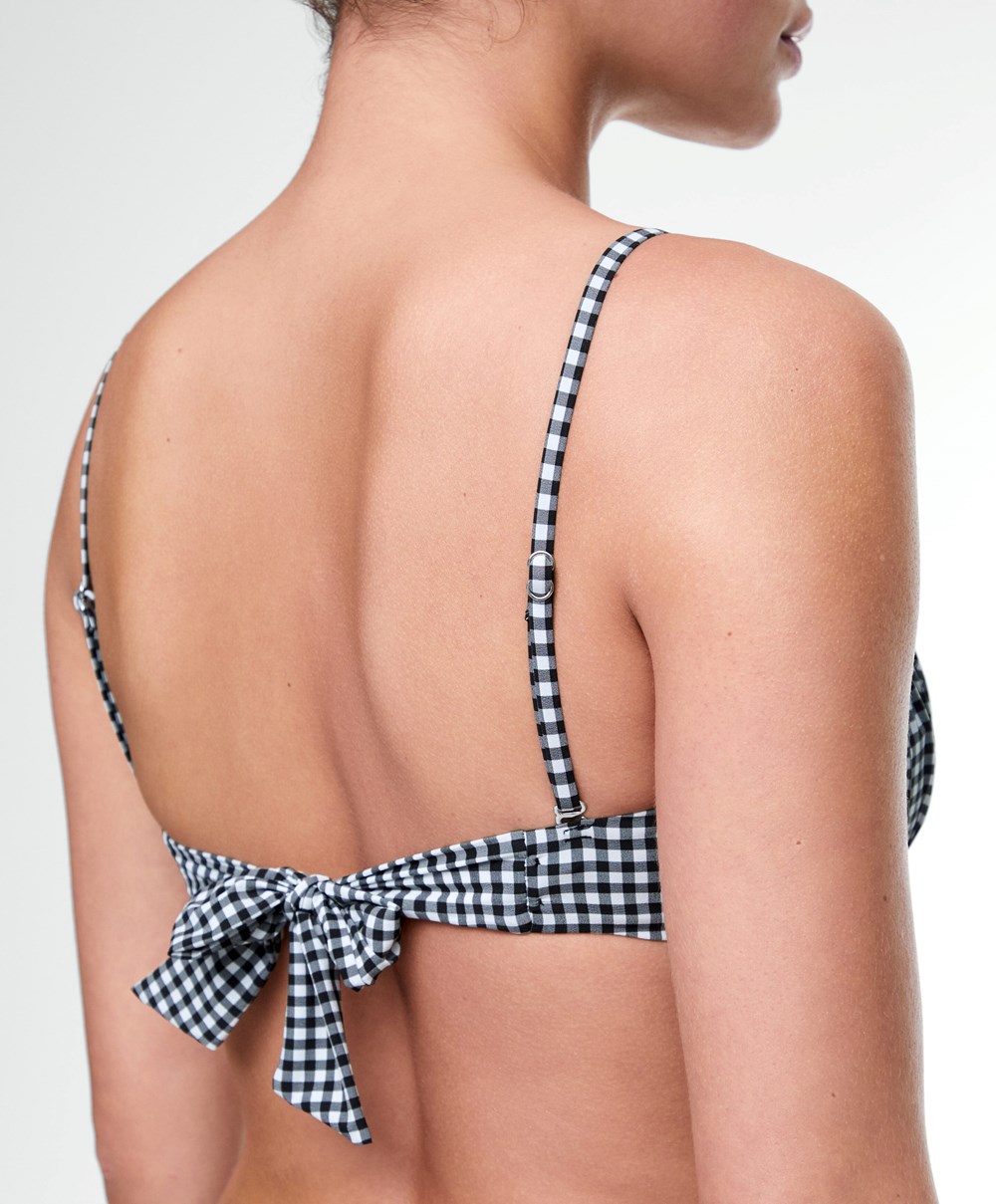 Oysho Gingham Ruched Bikini Top Fekete | XZRWTP-308