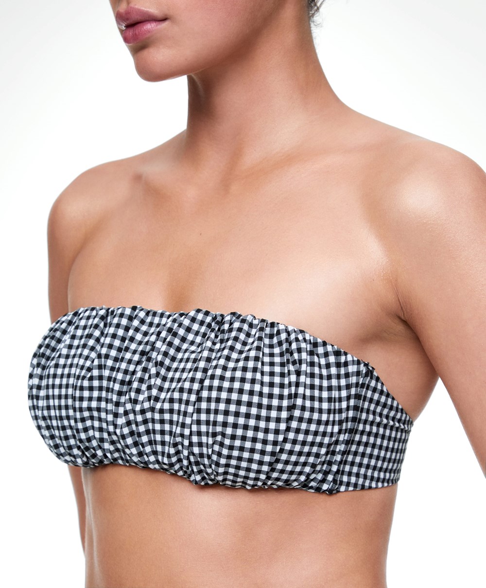 Oysho Gingham Ruched Bikini Top Fekete | XZRWTP-308