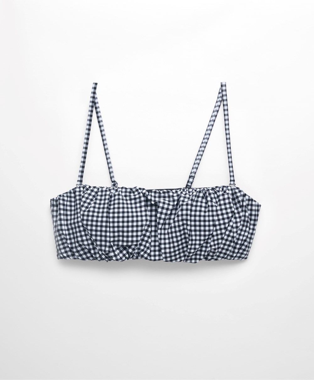 Oysho Gingham Ruched Bikini Top Fekete | XZRWTP-308