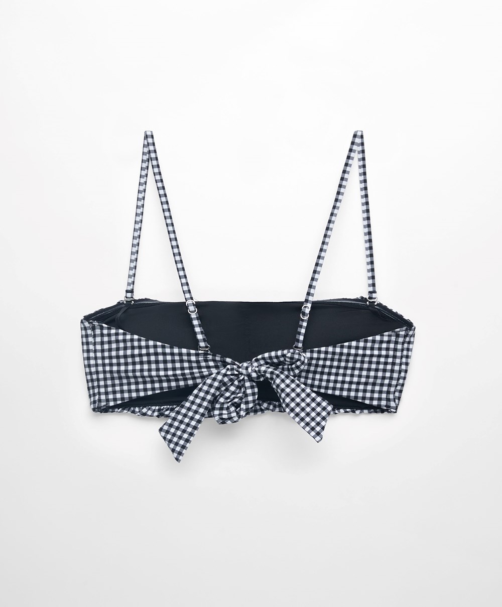 Oysho Gingham Ruched Bikini Top Fekete | XZRWTP-308