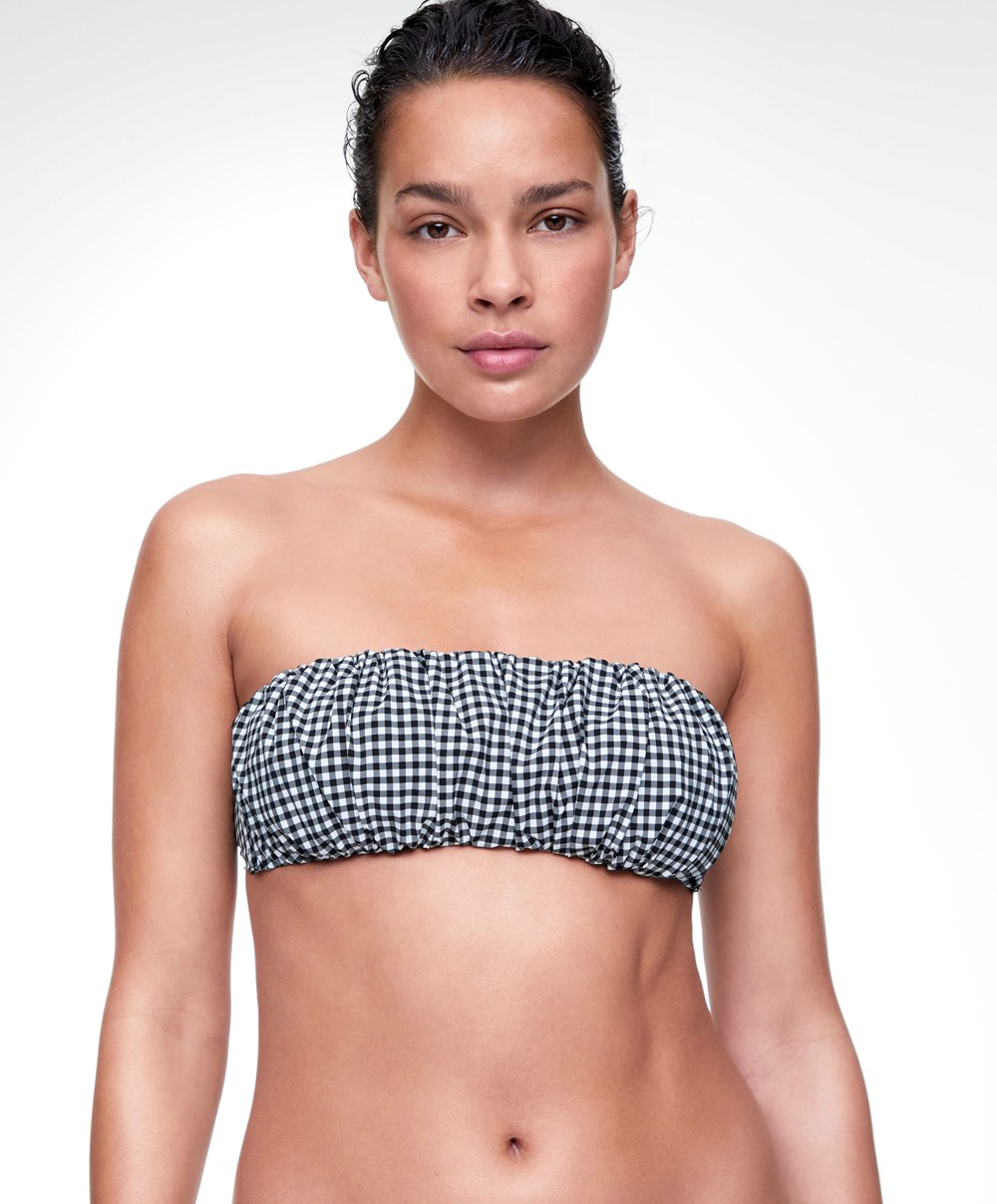 Oysho Gingham Ruched Bikini Top Fekete | XZRWTP-308