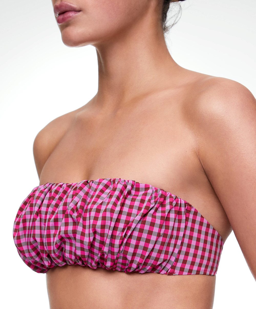 Oysho Gingham Ruched Bikini Top Piros | INJMTE-394