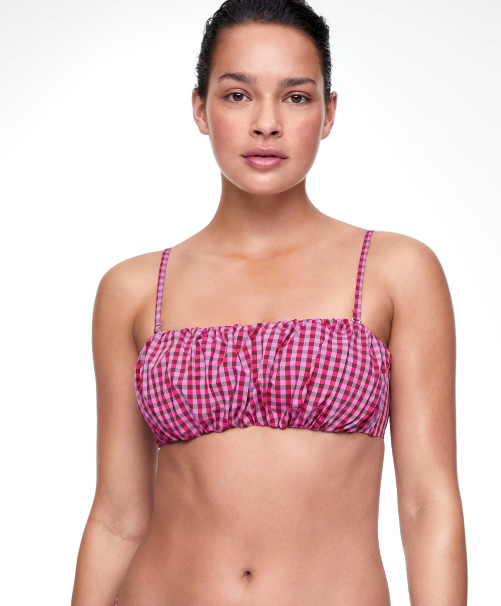 Oysho Gingham Ruched Bikini Top Piros | INJMTE-394