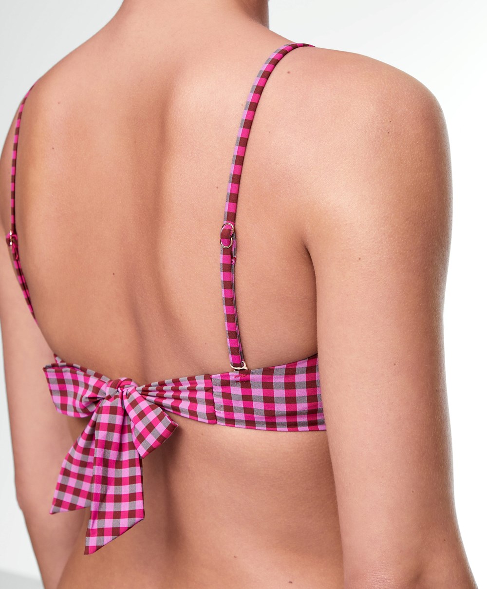 Oysho Gingham Ruched Bikini Top Piros | INJMTE-394