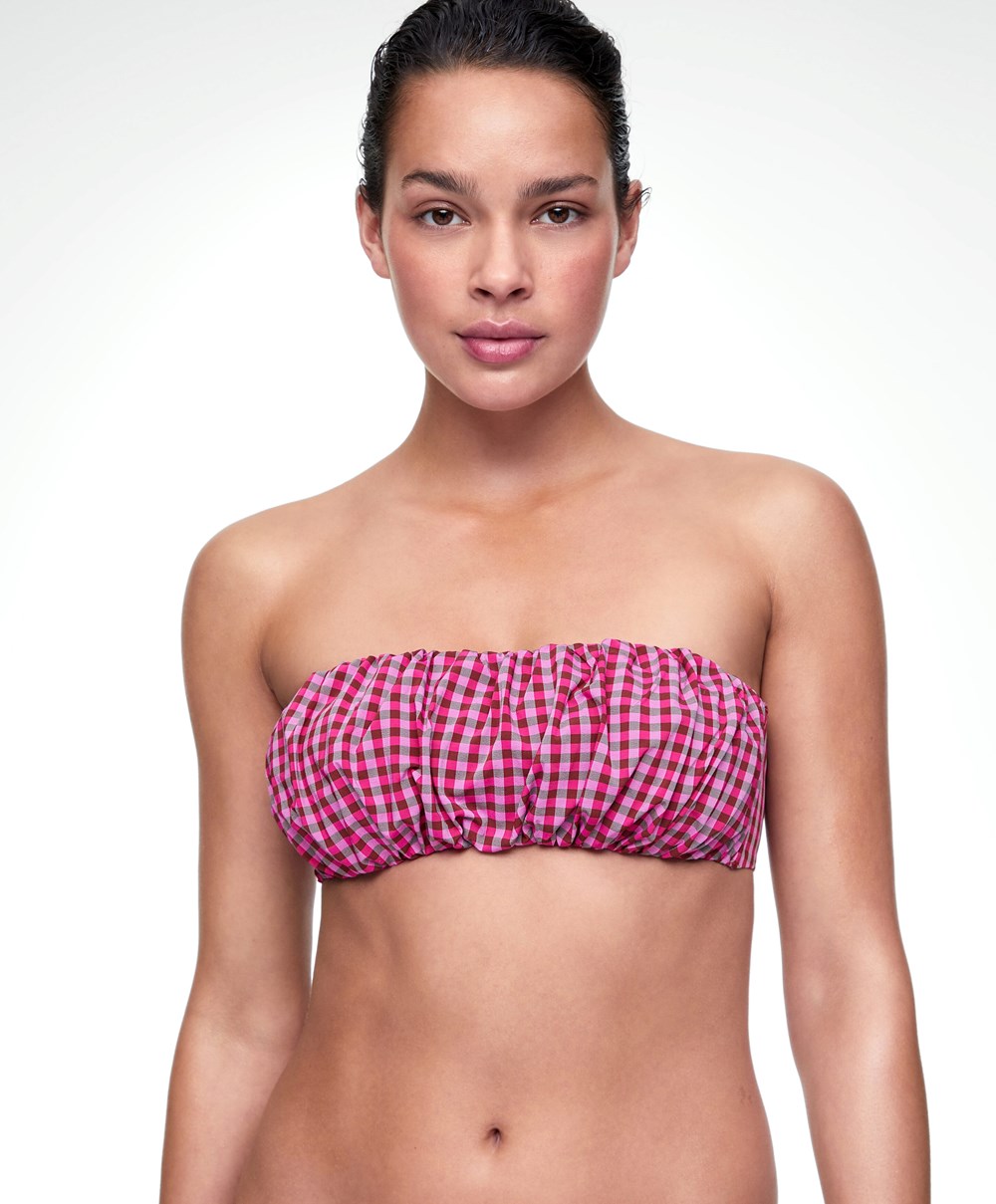 Oysho Gingham Ruched Bikini Top Piros | INJMTE-394