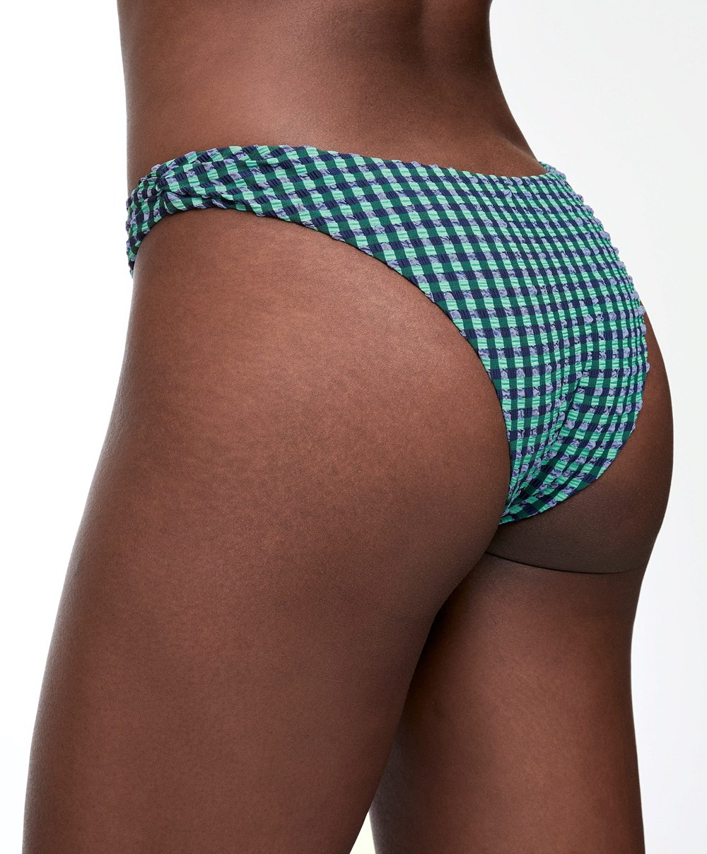 Oysho Gingham U-cut Mid-rise Bikini Briefs Aquamarine | CPUBOQ-285