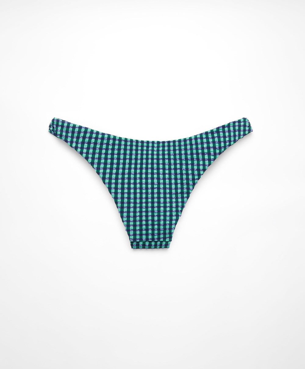 Oysho Gingham U-cut Mid-rise Bikini Briefs Aquamarine | CPUBOQ-285