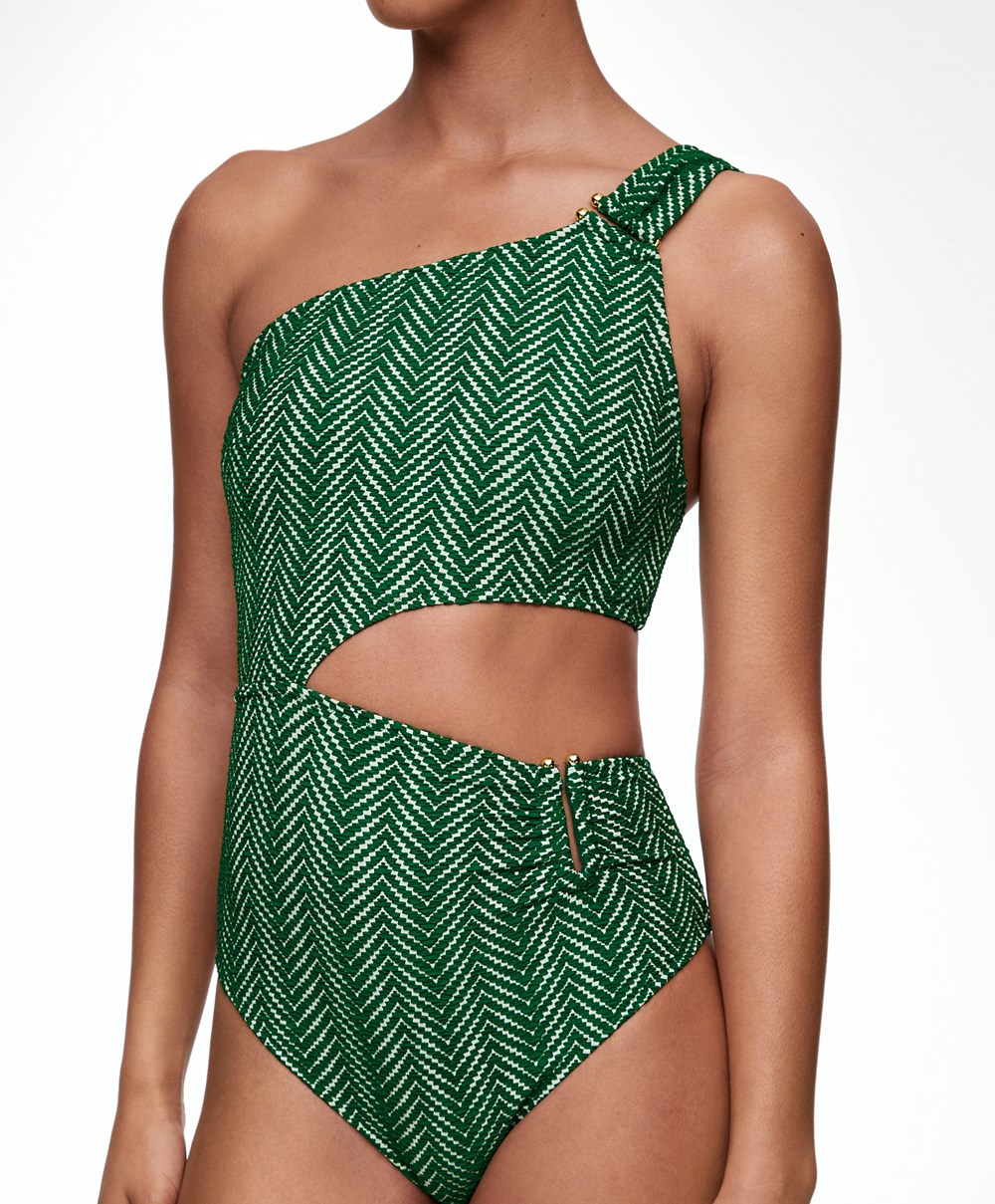 Oysho Jacquard Asymmetric Trikini Zöld | ADYXJQ-871