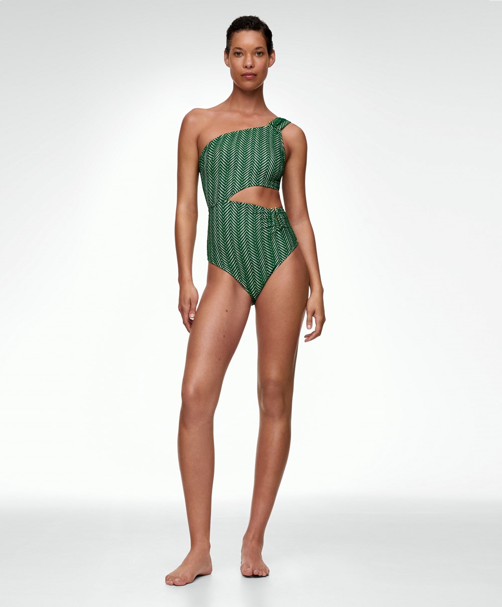 Oysho Jacquard Asymmetric Trikini Zöld | ADYXJQ-871