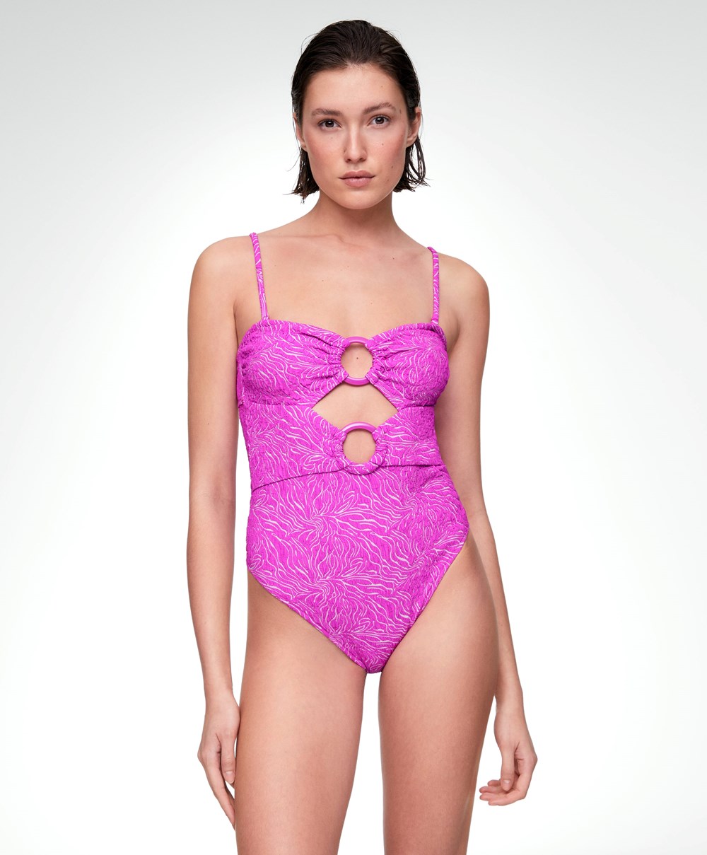 Oysho Jacquard Cut-out Swimsuit Fukszia | SPGDFR-457