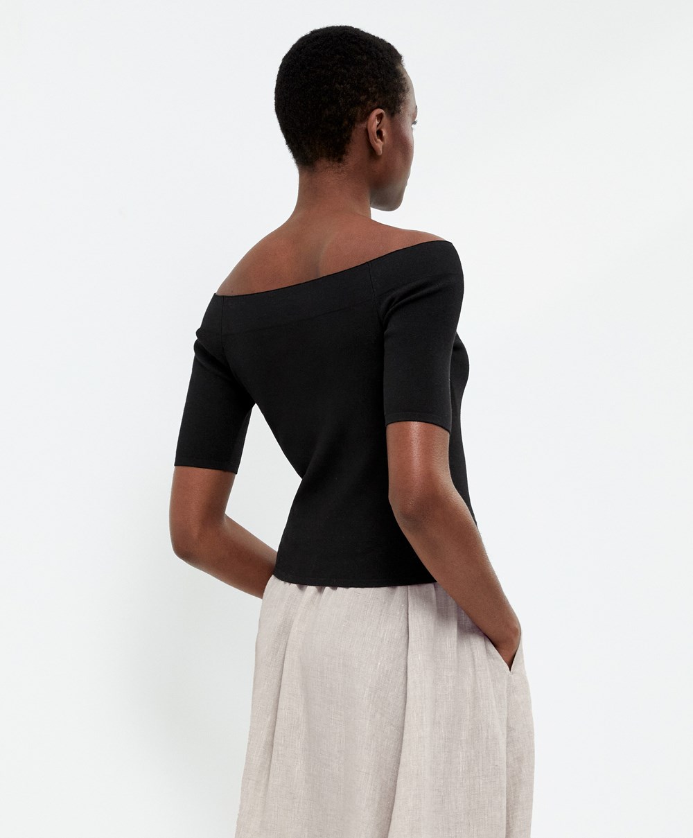 Oysho Knit Off-shoulder Top Fekete | ZEHOGA-765