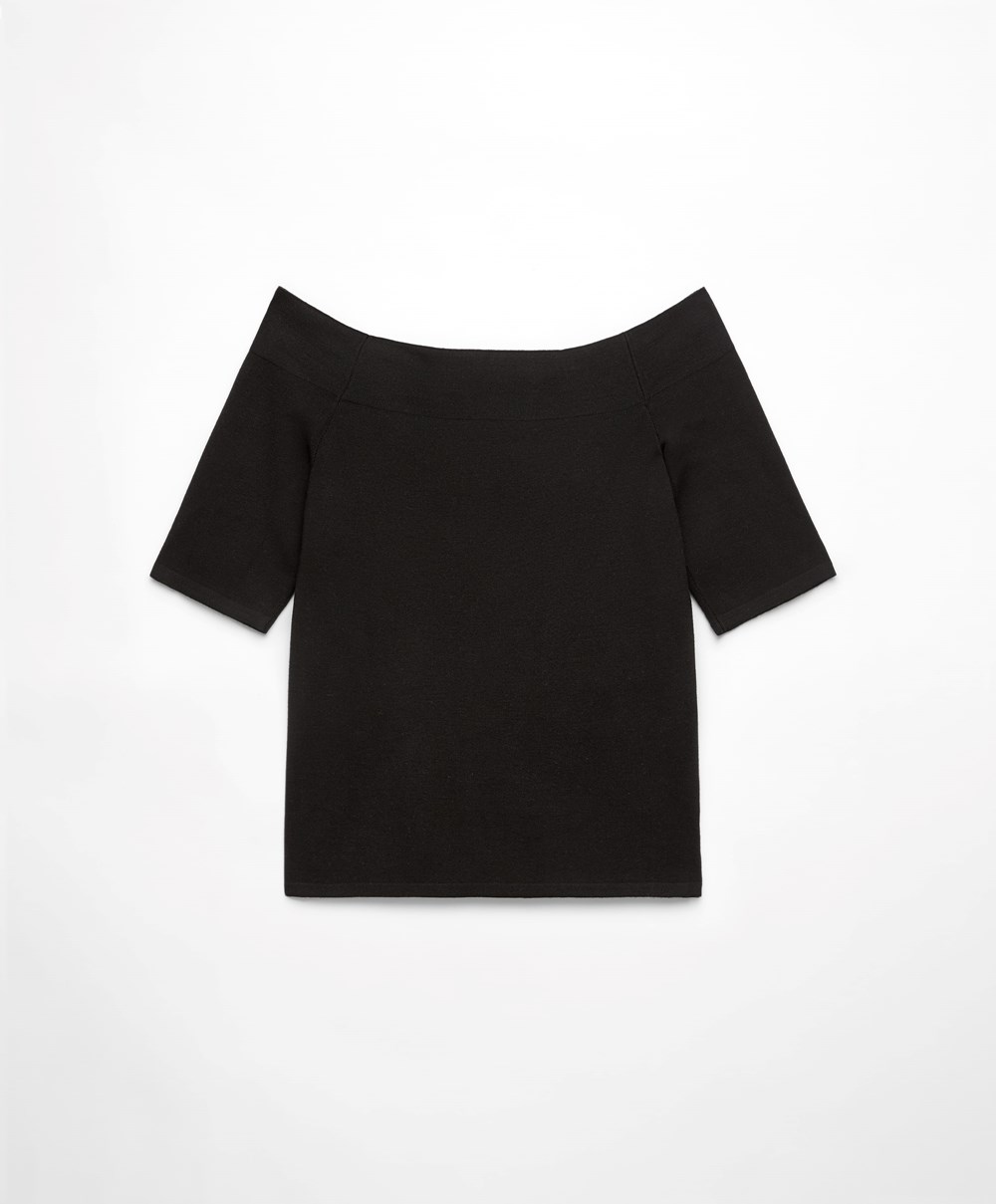 Oysho Knit Off-shoulder Top Fekete | ZEHOGA-765