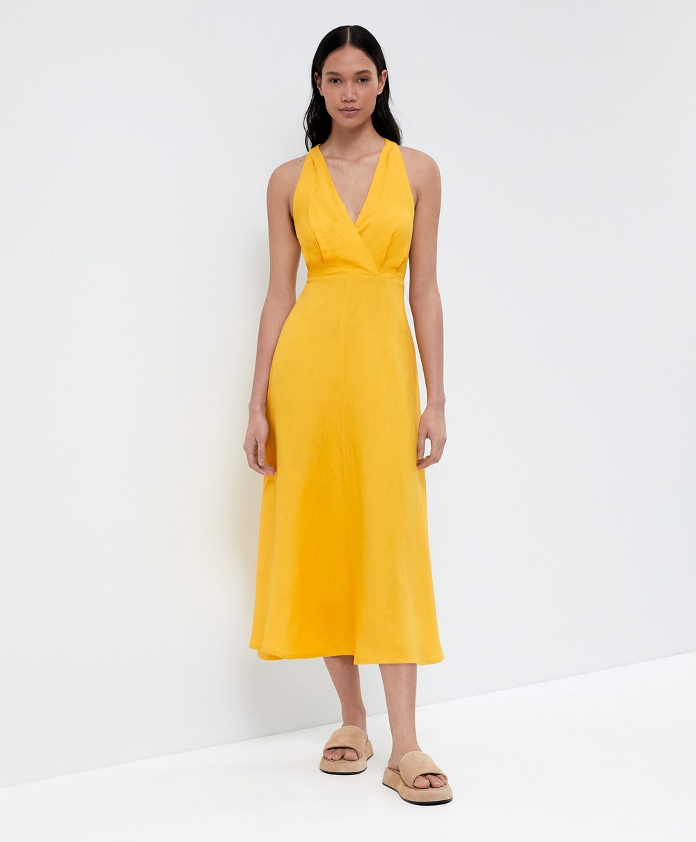 Oysho Knot Back Linen Halterneck Ruha Mid-yellow | JDOMLP-647