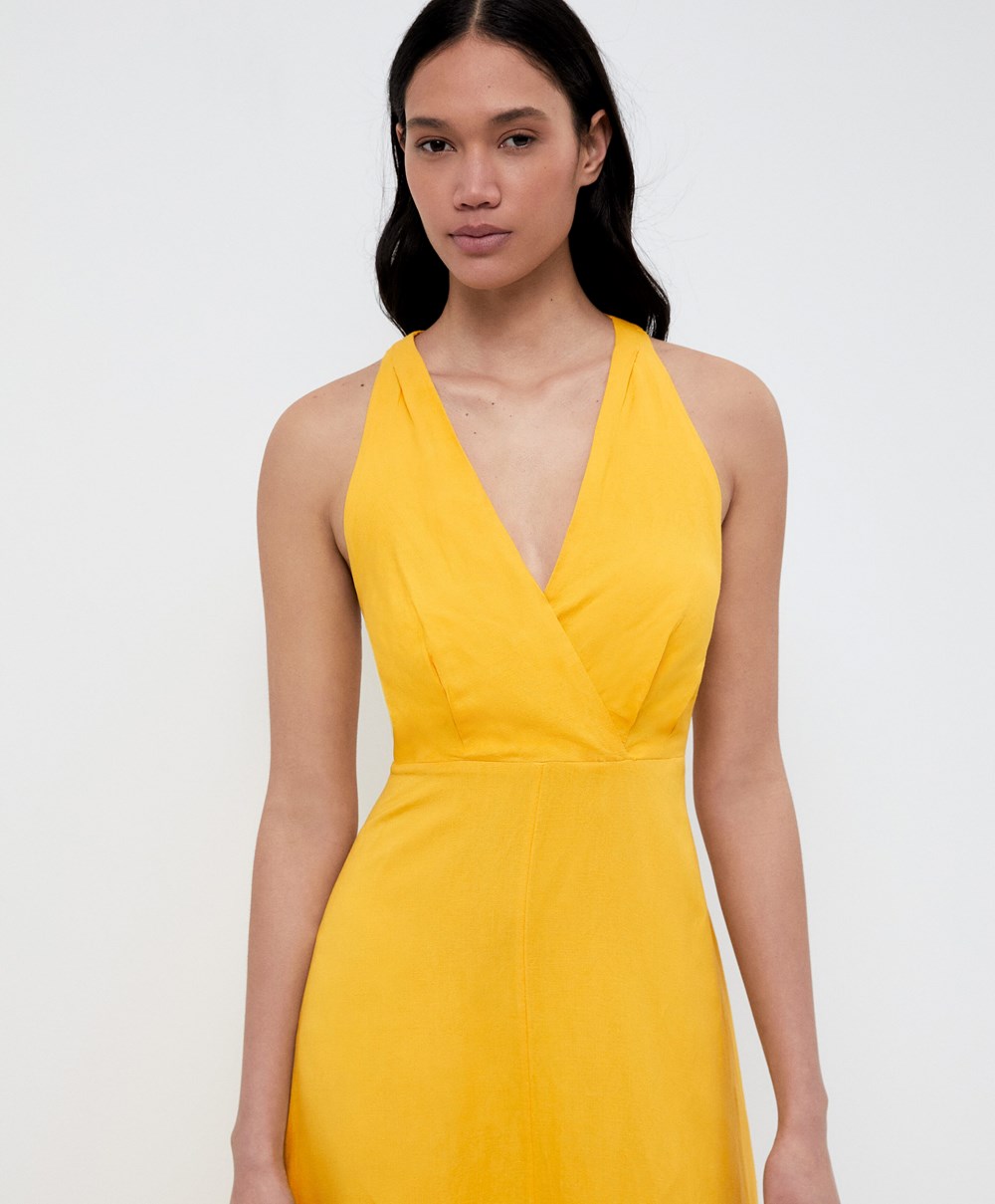 Oysho Knot Back Linen Halterneck Ruha Mid-yellow | JDOMLP-647