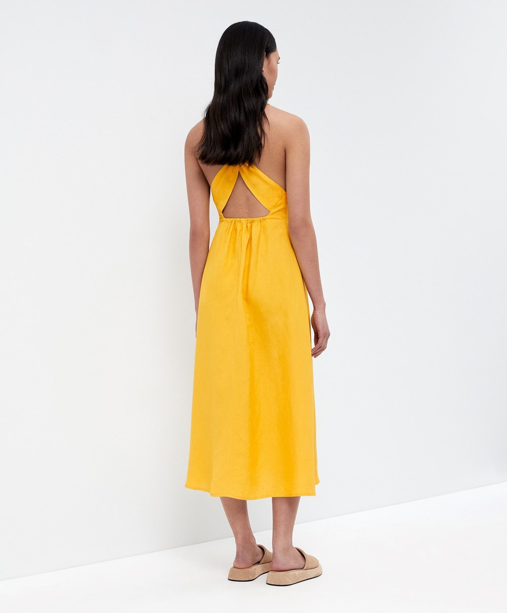 Oysho Knot Back Linen Halterneck Ruha Mid-yellow | JDOMLP-647