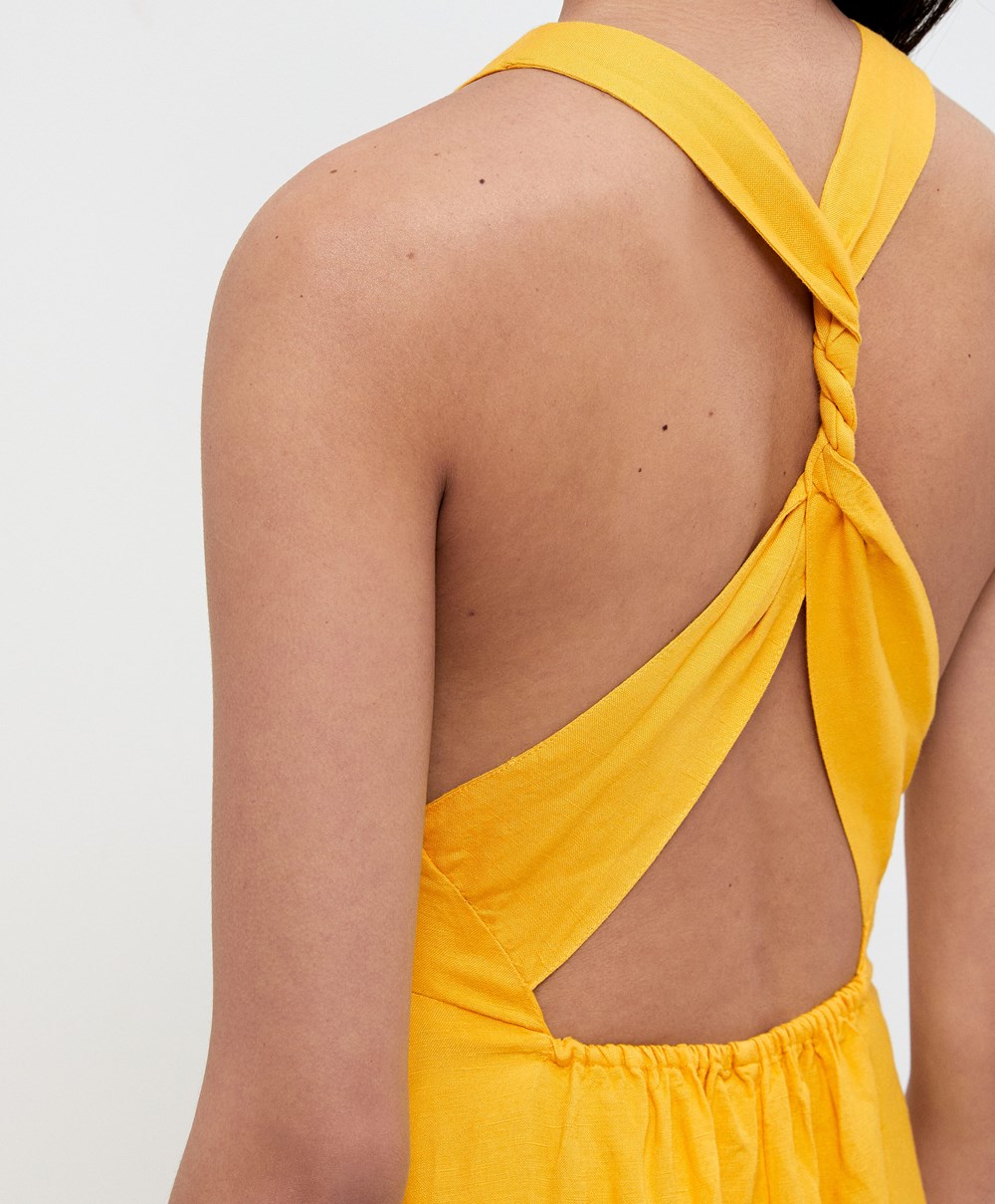 Oysho Knot Back Linen Halterneck Ruha Mid-yellow | JDOMLP-647