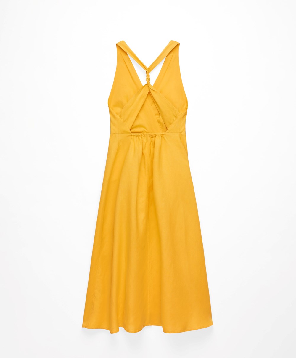 Oysho Knot Back Linen Halterneck Ruha Mid-yellow | JDOMLP-647