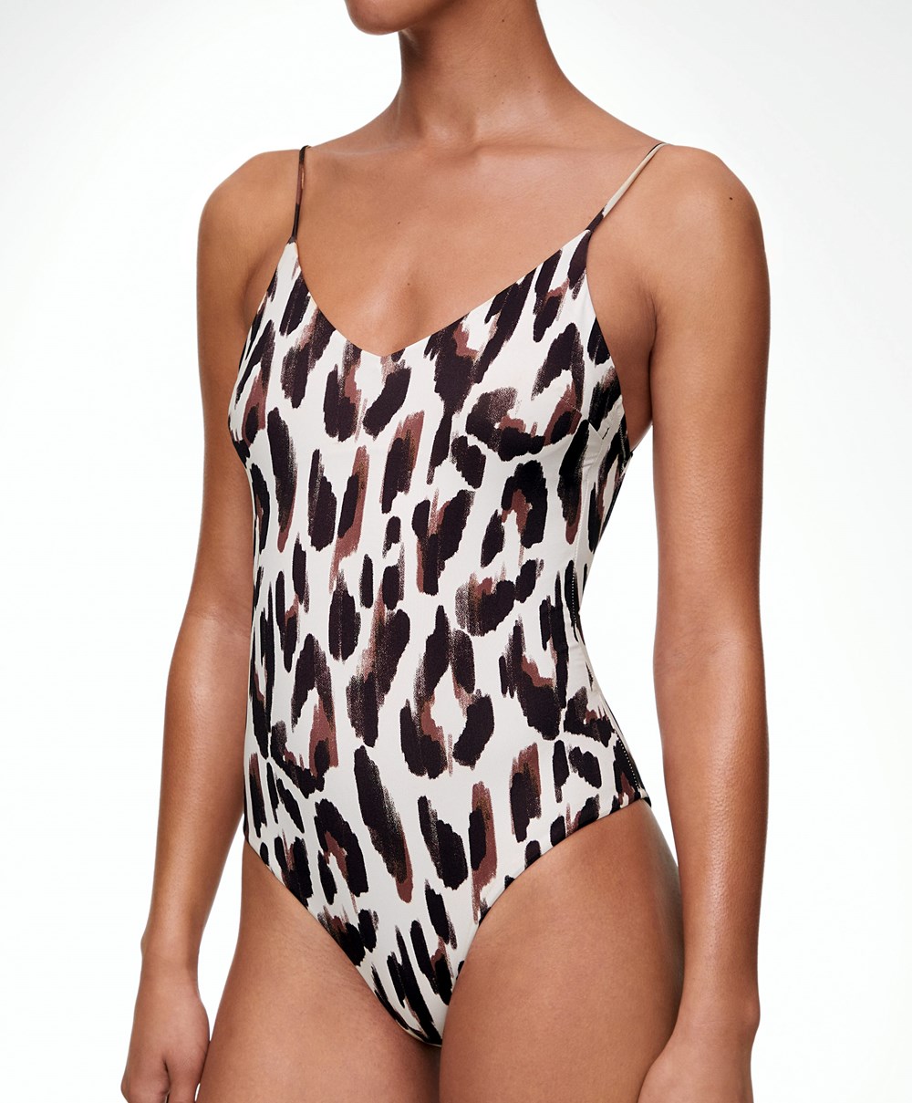 Oysho Leopard Print V-neck Swimsuit Ecru | WOGUVE-495