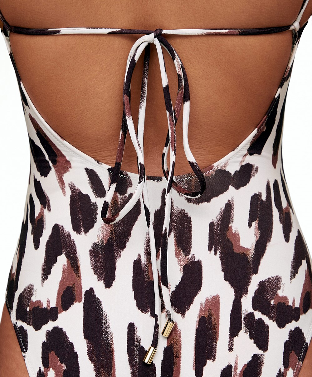 Oysho Leopard Print V-neck Swimsuit Ecru | WOGUVE-495