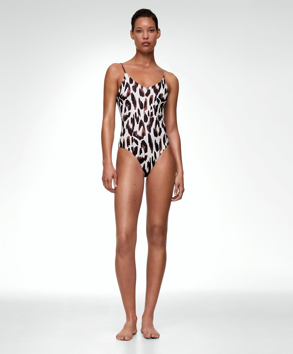 Oysho Leopard Print V-neck Swimsuit Ecru | WOGUVE-495