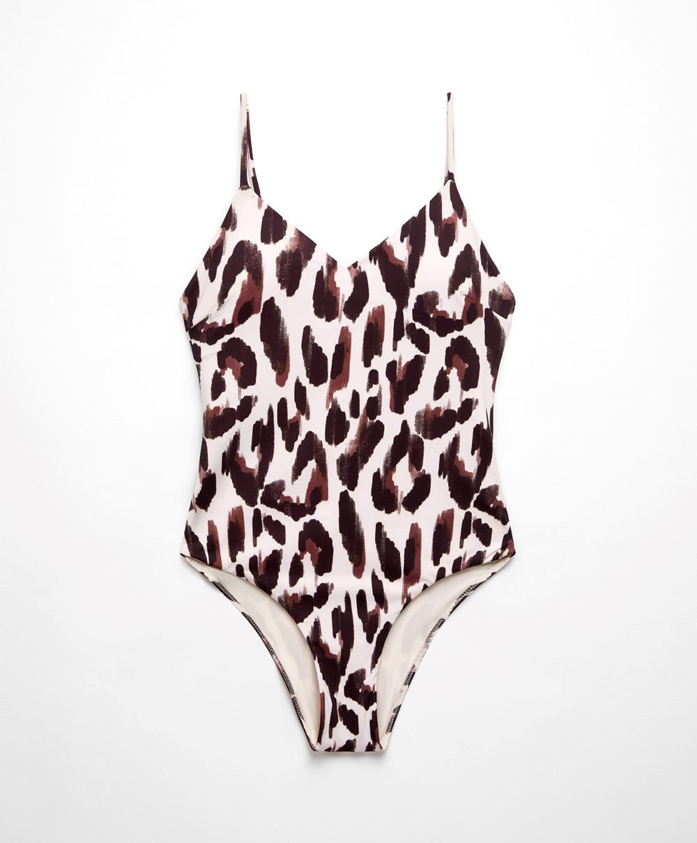 Oysho Leopard Print V-neck Swimsuit Ecru | WOGUVE-495