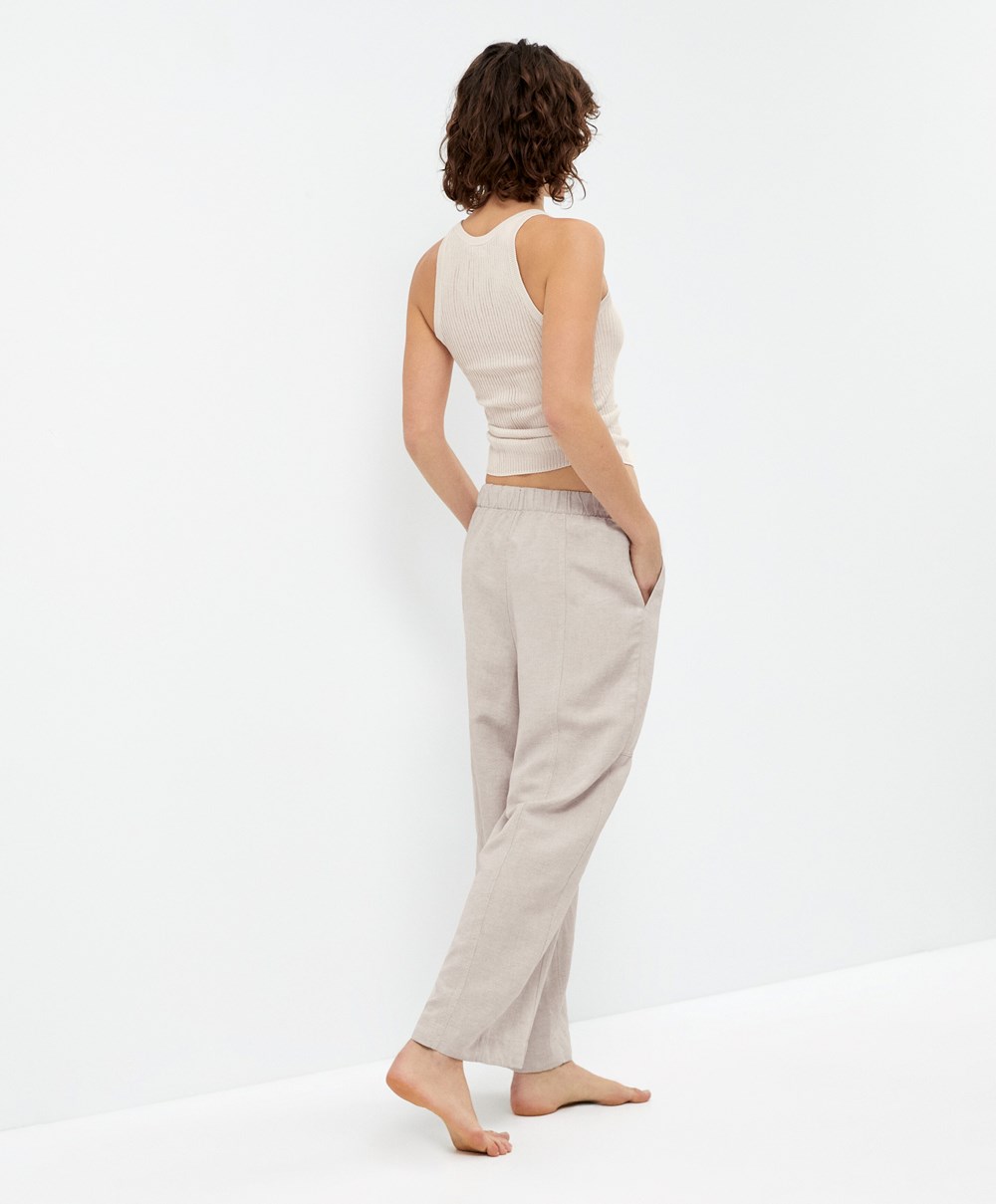 Oysho Linen Barrel Trousers Sand Melange | QHRZEY-421