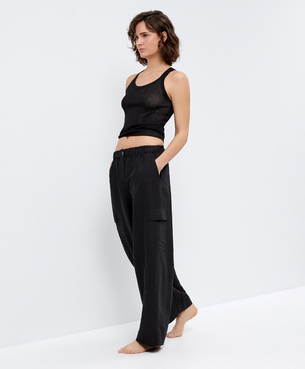 Oysho Linen Cargo Trousers Fekete | ZNJGIS-069