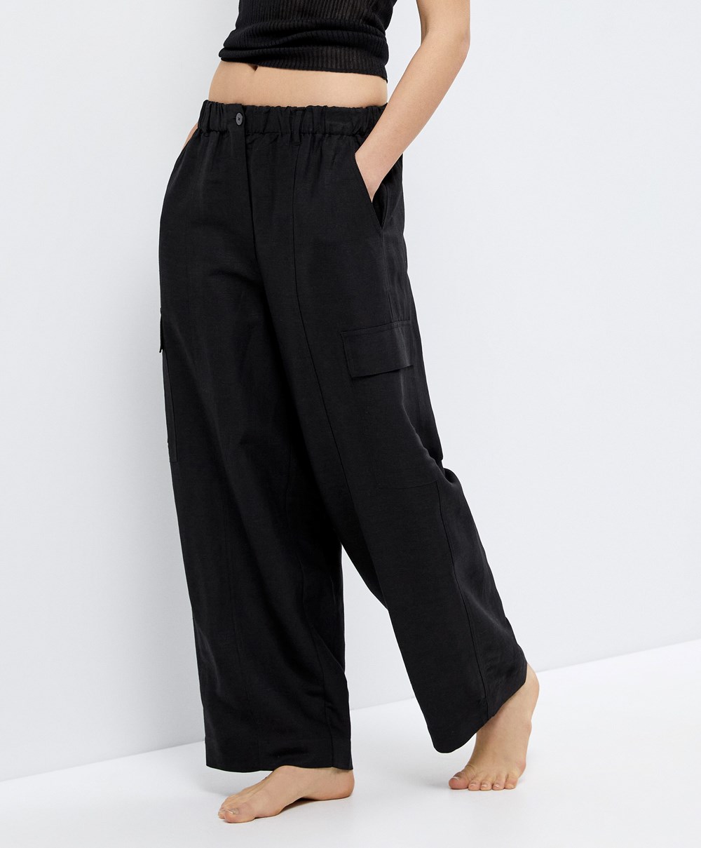 Oysho Linen Cargo Trousers Fekete | ZNJGIS-069