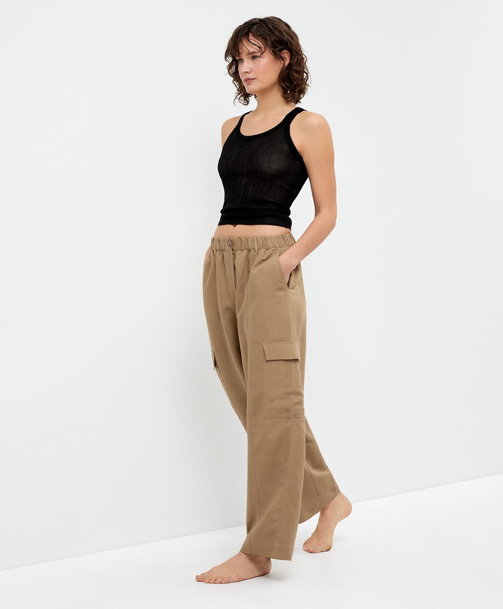 Oysho Linen Cargo Trousers Tan | RSTOJN-043