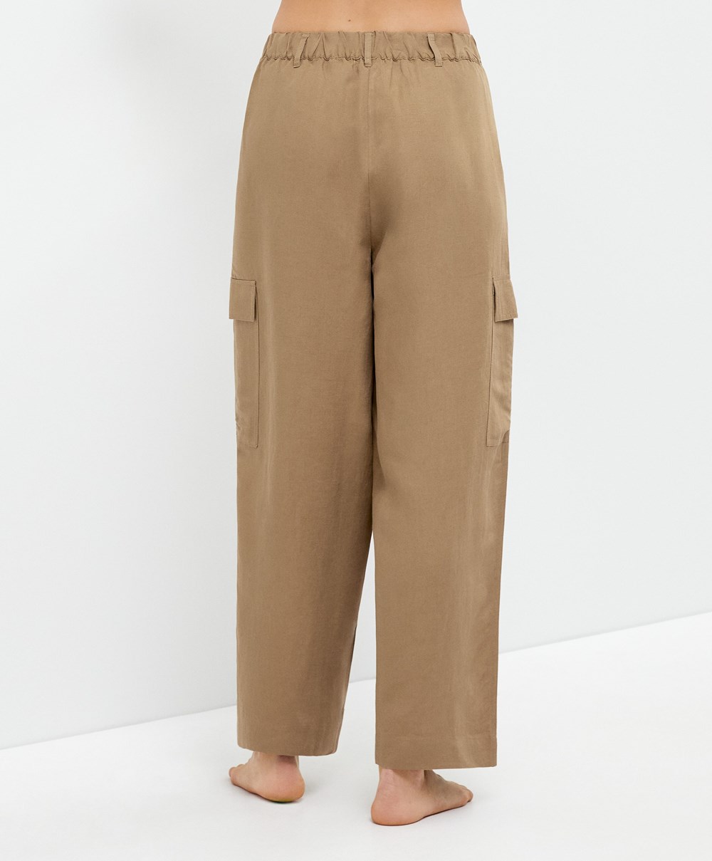 Oysho Linen Cargo Trousers Tan | RSTOJN-043