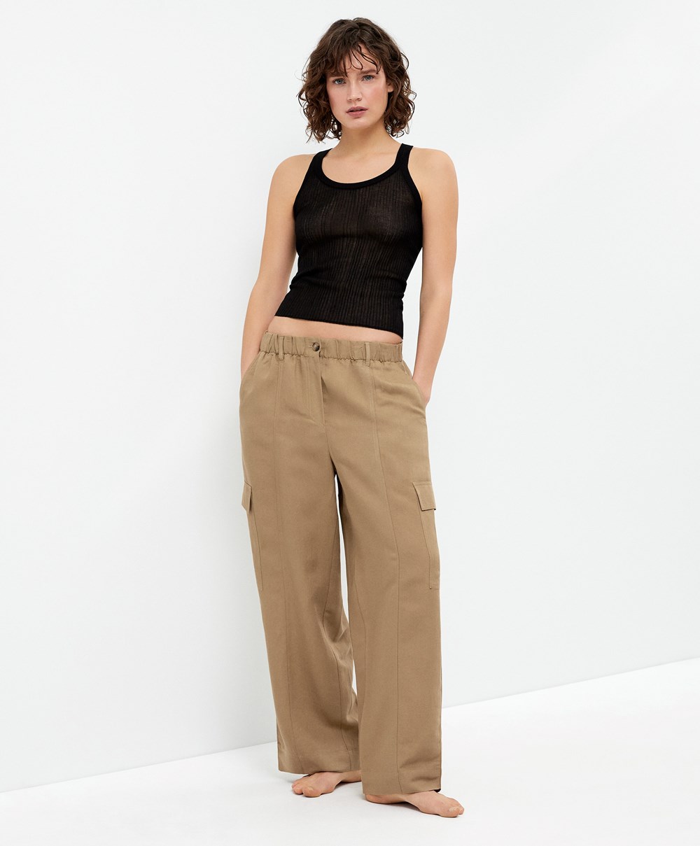 Oysho Linen Cargo Trousers Tan | RSTOJN-043