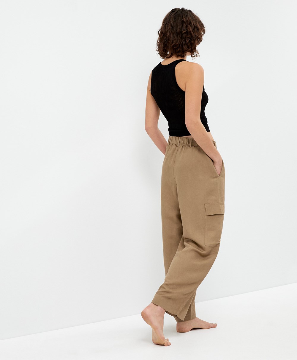 Oysho Linen Cargo Trousers Tan | RSTOJN-043