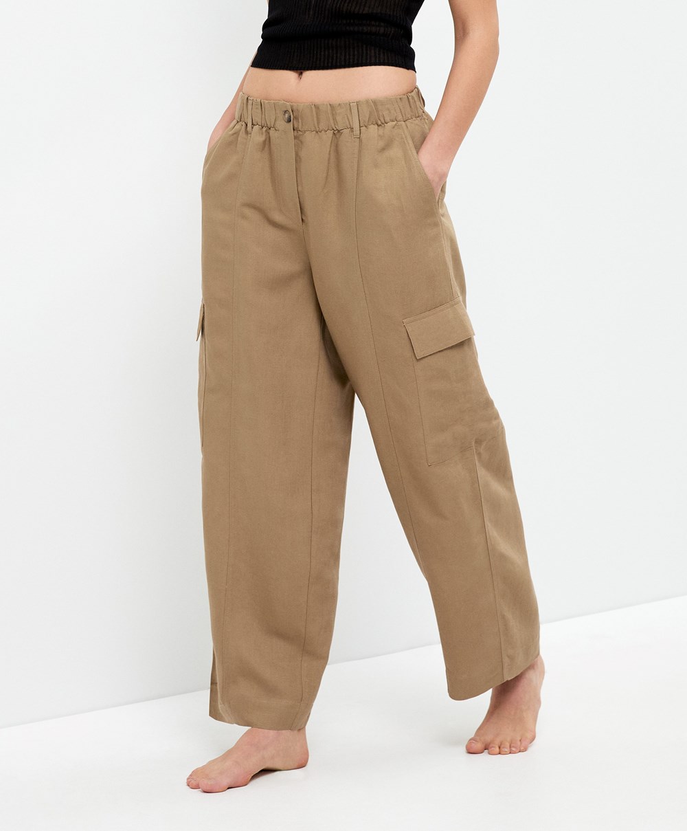 Oysho Linen Cargo Trousers Tan | RSTOJN-043