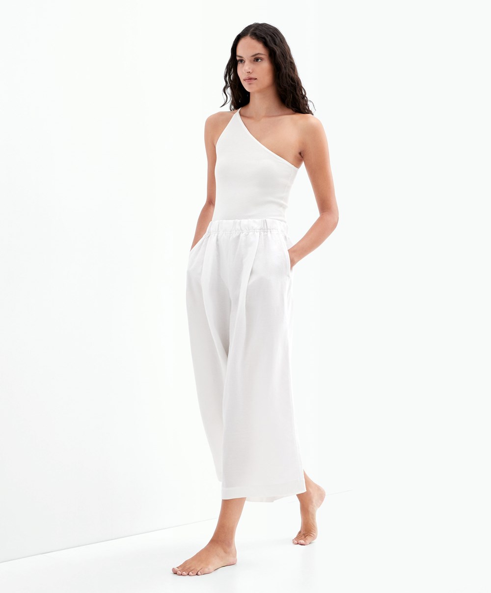 Oysho Linen Crop Trousers Fehér | TYPQER-576