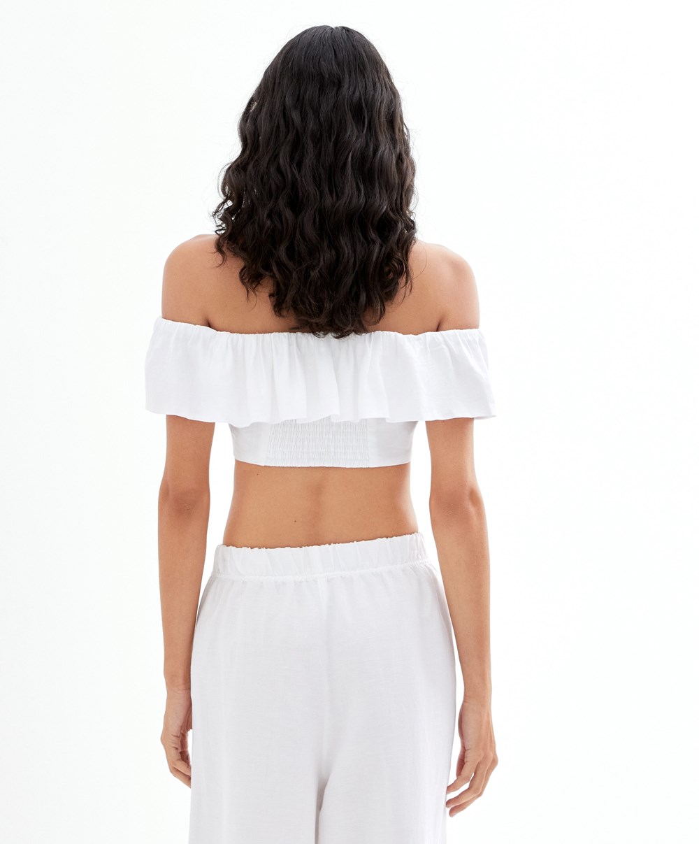 Oysho Linen Off-shoulder Top Fehér | PKXINZ-342