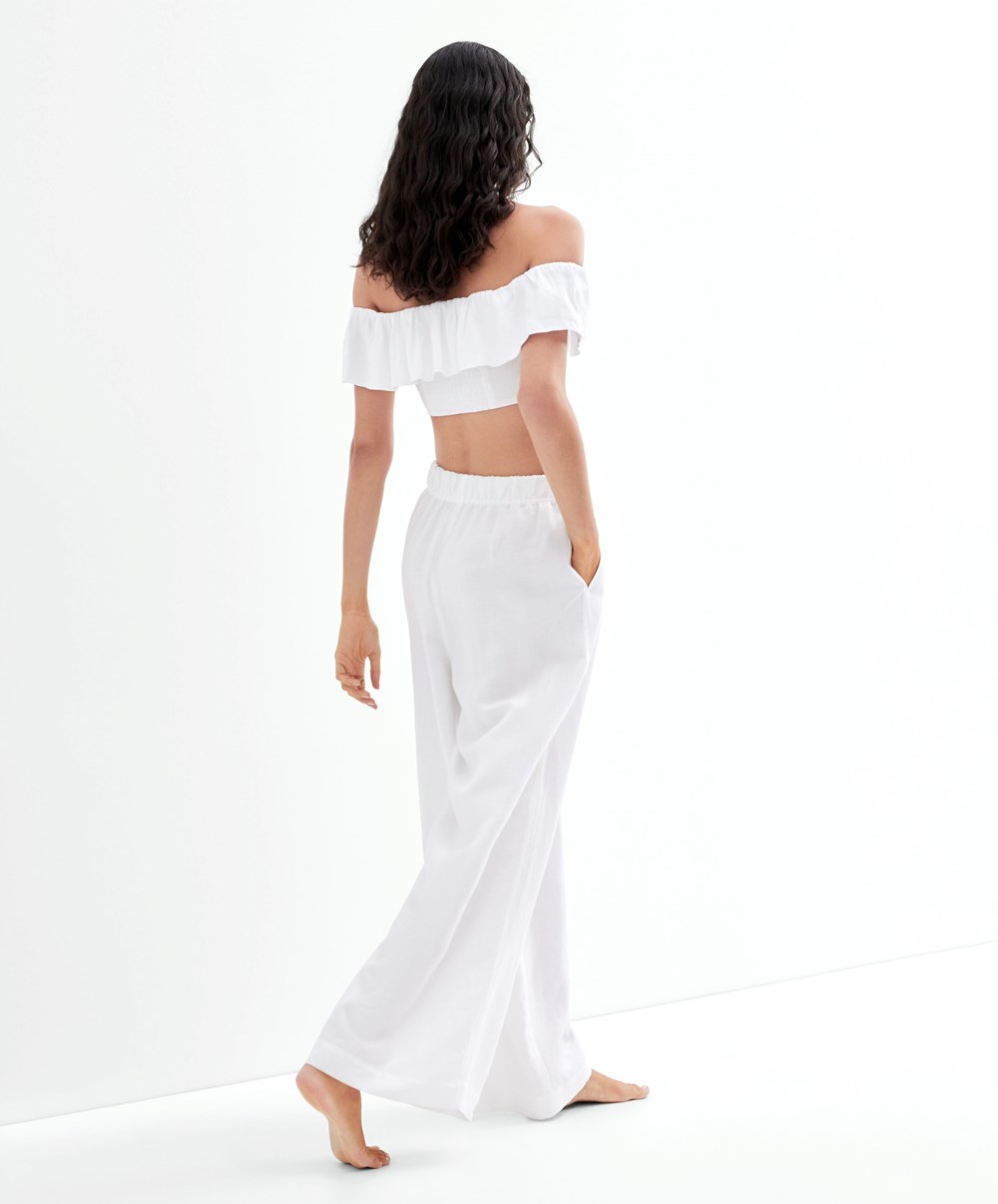 Oysho Linen Off-shoulder Top Fehér | PKXINZ-342