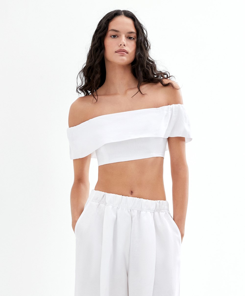 Oysho Linen Off-shoulder Top Fehér | PKXINZ-342