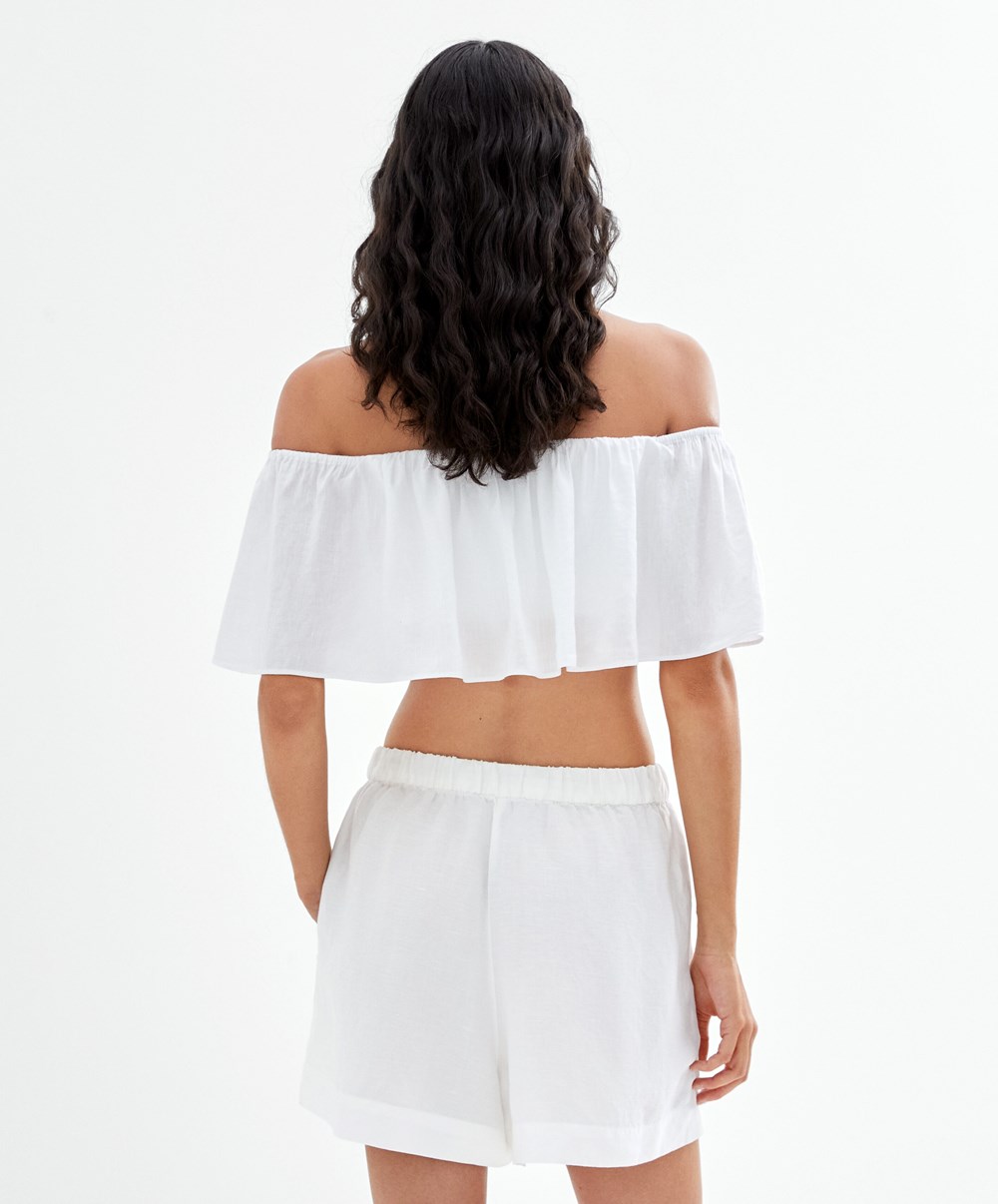 Oysho Linen Off-shoulder Top Fehér | RJWZXP-769